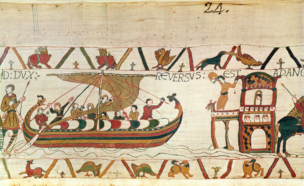 Earl Harold vender tilbake til England, Bayeux Tapestry (ullbroderi på lin) av Unknown artist