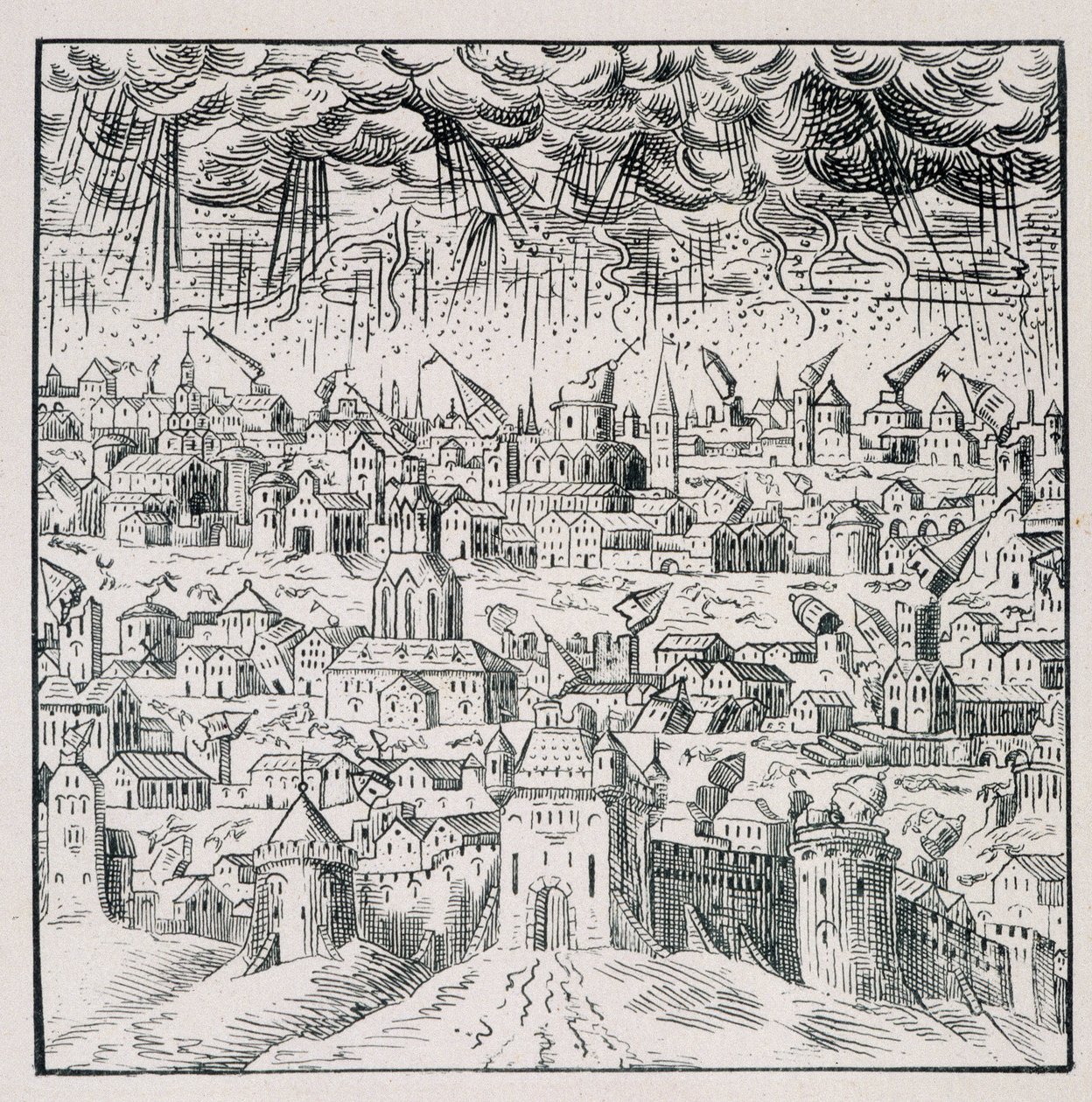 Jordskjelv i Baden - i "" Samling av 39 figurer som representerer ulykkene i Frankrike fra 1562 til 1586"; Louis Perrin trykking av Unknown artist