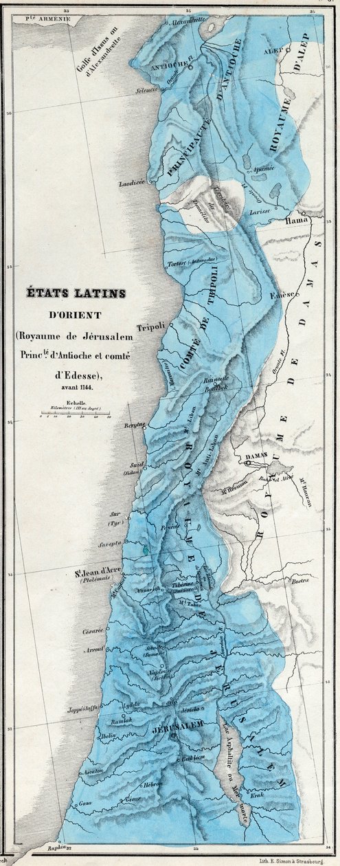 Østlatinske stater før 1144 - Kongeriket Jerusalem - Principaut av Antiokia - Greve av Edessa - Kart utarbeidet av M J-H Schnitzler, Historisk og pittoresk atlas 1858 av Unknown artist
