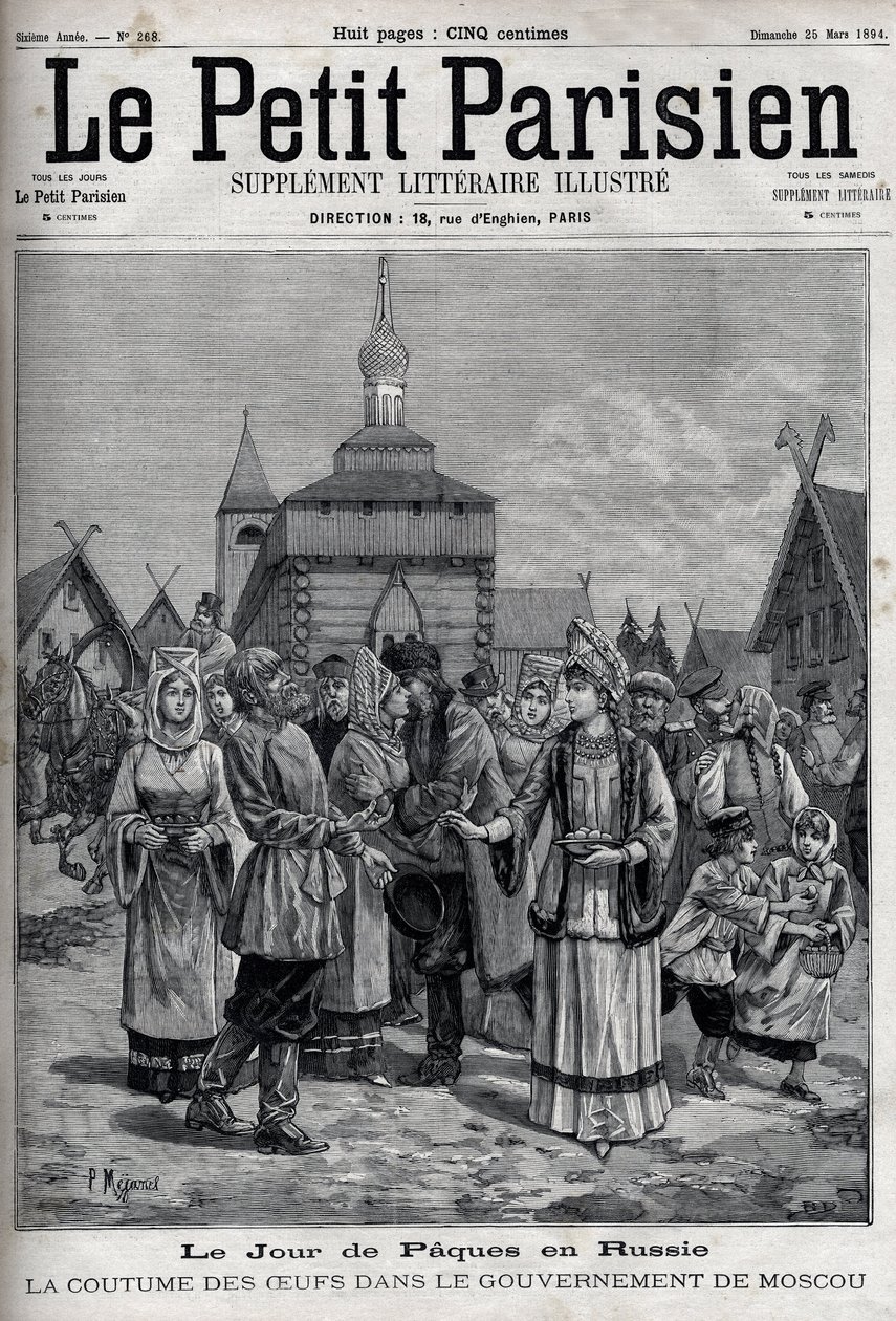 Påskedag i Russland: skikken med egg i Moskva-regjeringen. Seler av innbyggerne som tilbyr røde egg for å feire Kristi oppstandelse. Gravering i "" Le Parisien"" av Unknown artist
