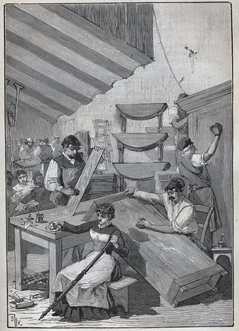 Snekkerarbeid: stempellakkeringsverksted. Gravering fra 1885 i «Les arts et professions illustrés»» av Adolphe BITARD. av Unknown artist