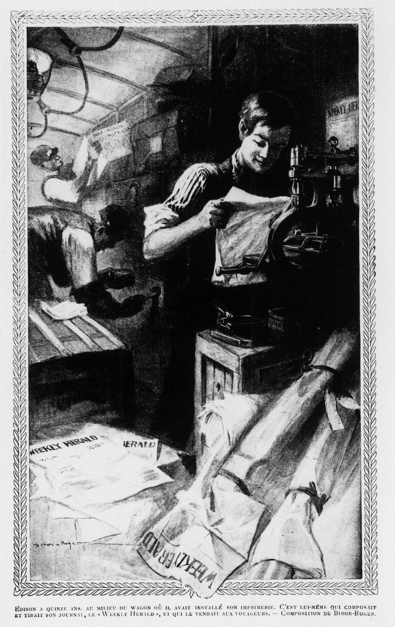 Edison, 15, midt i bilen der han pleide å installere trykkeriet sitt. Han skrev og trykket avisen sin, Weekly Herald, og solgte den til reisende. av Unknown artist