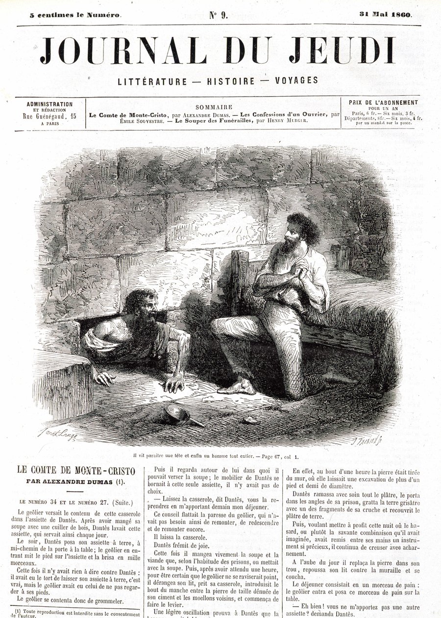 Edmond Dantes, greven av Monte Cristo (Monte Cristo) møter Abbe Faria takket være den hule tunnelen i fengselet - i "" Le Journal du Thursdays""" av 31.05.1860 av Unknown artist