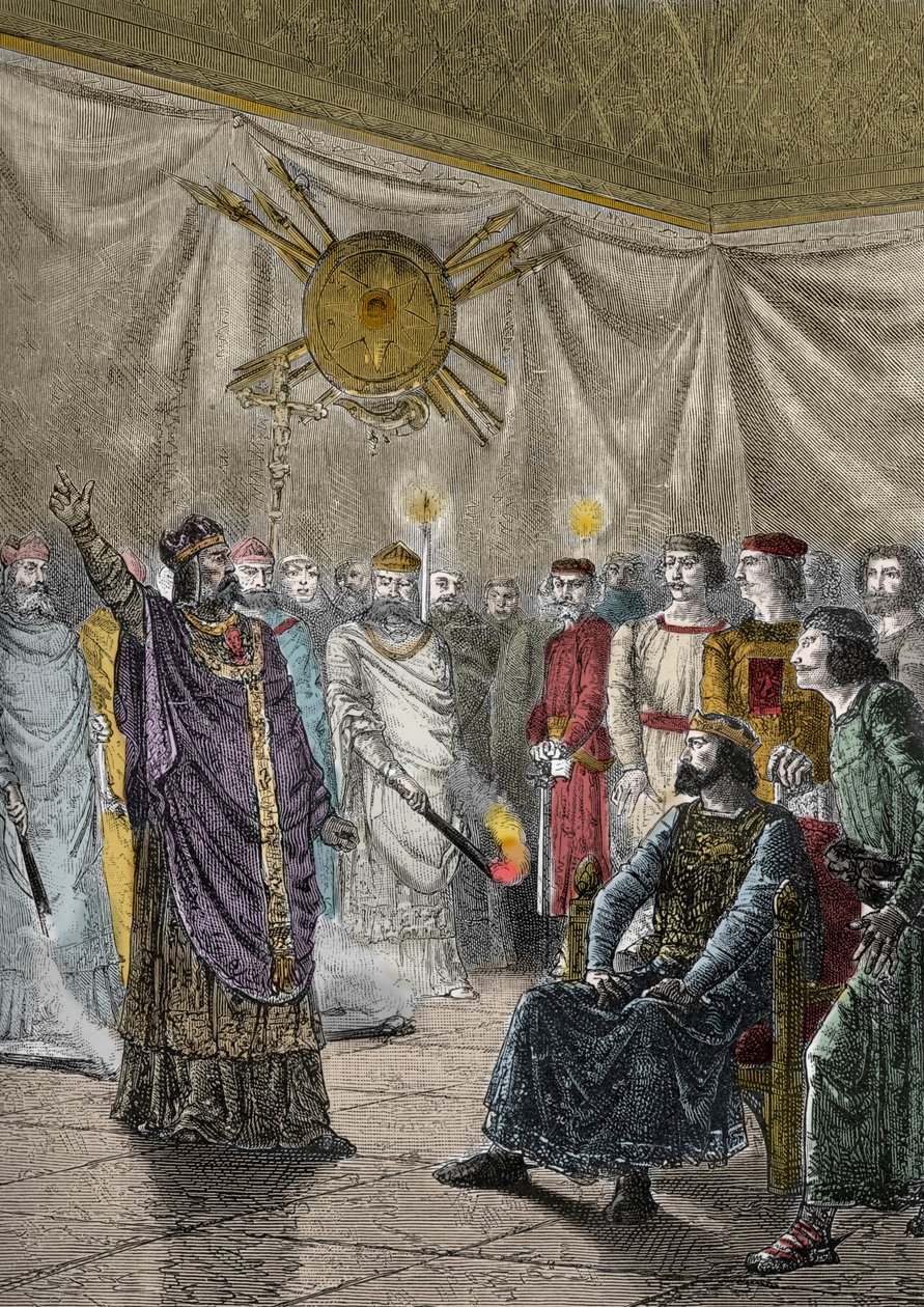 Edmund Rich, erkebiskop av Canterbury, truer med å ekskommunisere Henry III - Saint Edmond of Cantorbery (1170-1242), dette Saint Edme (Edmund Rich) trussel for excommunier Henry III Plantagenet (1207-1272) - Gravering i "The Histoire d
