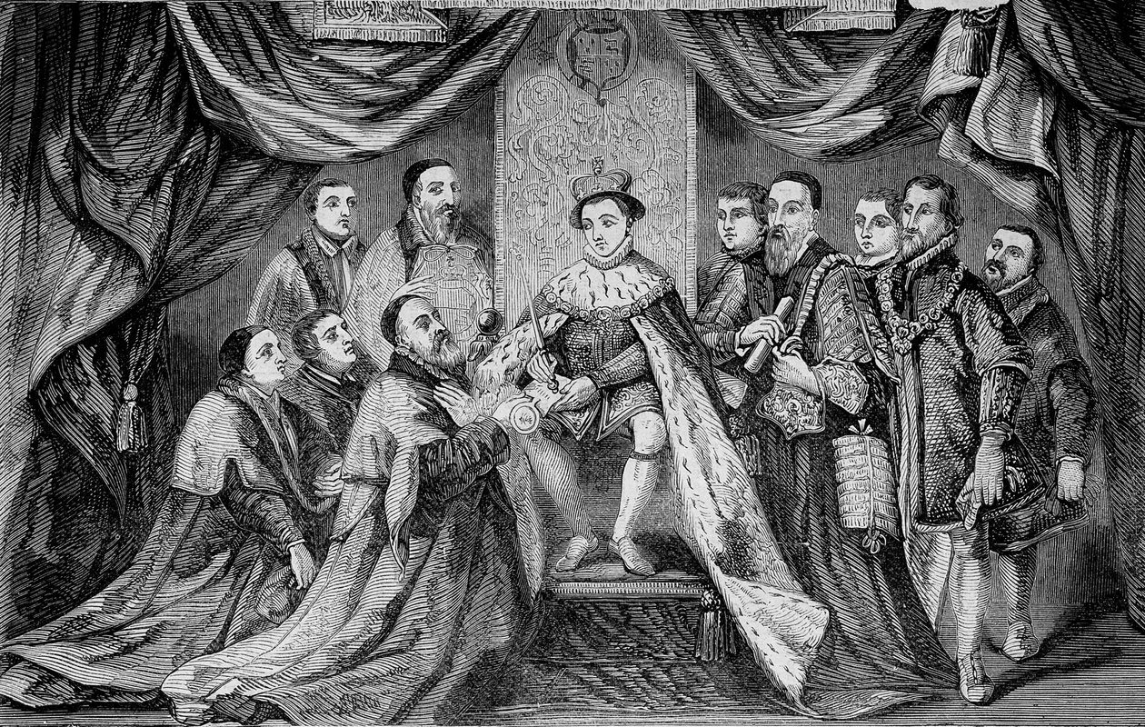 Edward VI (1547 -1553), konge av England, gir et privilegium ved å signere et charter til Bridewell - ifølge Hans Holbein. av Unknown artist