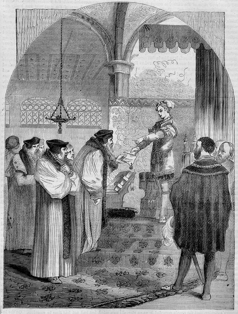 Edward VI (1547 -1553), King of England, presenting the certificate of Joan Bocher for Archbishop Cranmer av Unknown artist