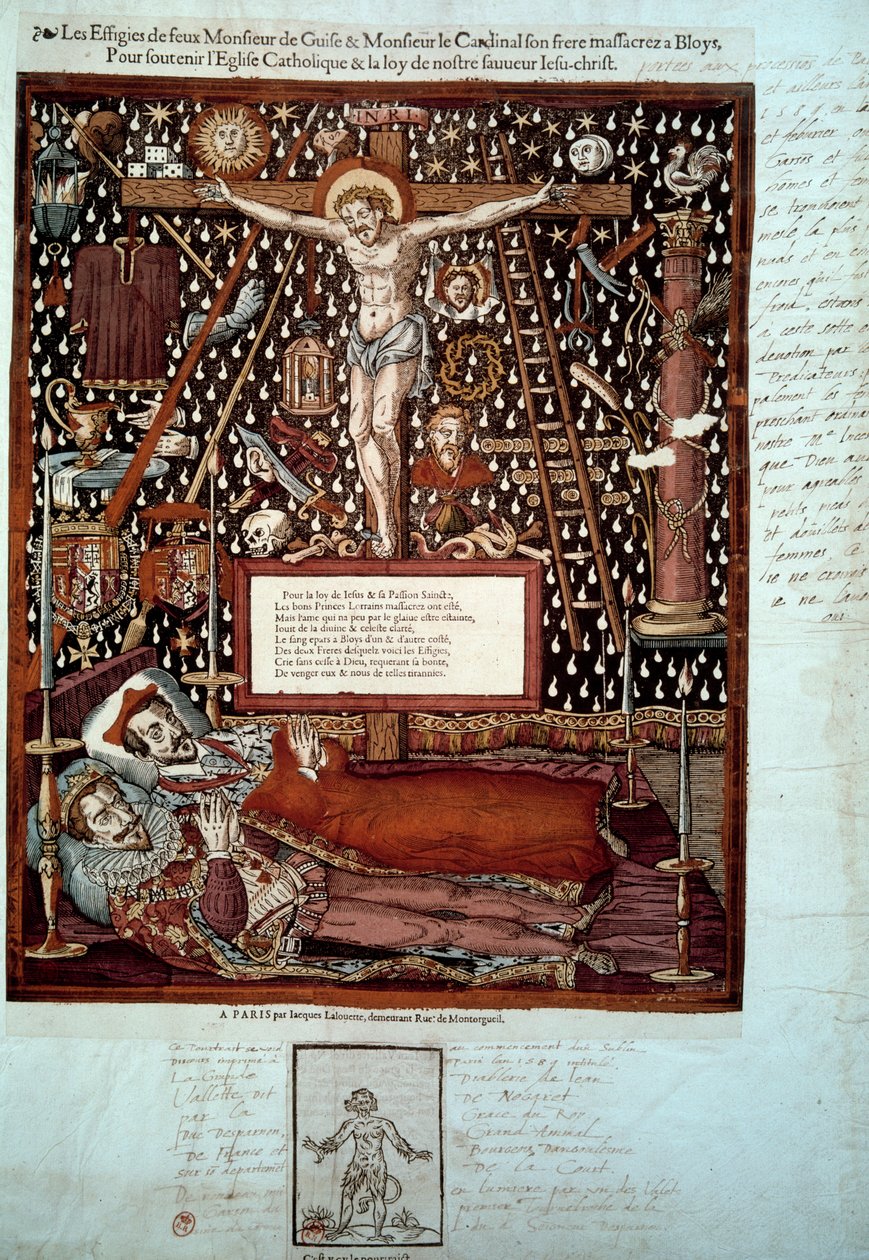 Skulpturer av Henrik I av Lorraine, 3. hertug av Guise (1550-1588) og av hans bror Ludvig II av Guise, kardinal av Lorraine (1555-1588) myrdet i Blois 23. og 24. desember 1588 etter ordre fra Henrik III. Gravering av Paris fra 1500-tallet, B.N. av Unknown artist