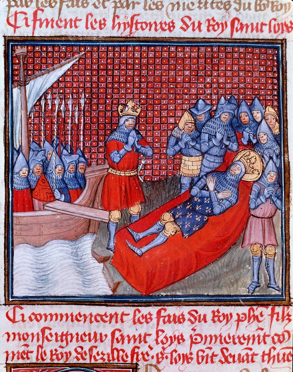 Åttende korstog: "" Døden til Saint Louis i Tunis den 25. august 1270"" Miniatyr hentet fra "" Les grandes Chronicles de France"" av Jean Froissart (1337-1400) Chantilly fra 1400-tallet, Musee Conde av Unknown artist