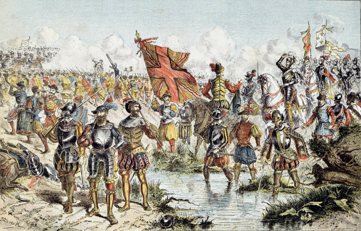 Åttende religionskrig (1585-1598): slaget ved Ivry 14.03.1590 mellom den kongelige hæren til Henrik IV (som vil seire) og den katolske ligaen. Illustrasjon av 1800-tallet. Paris, Musee de l