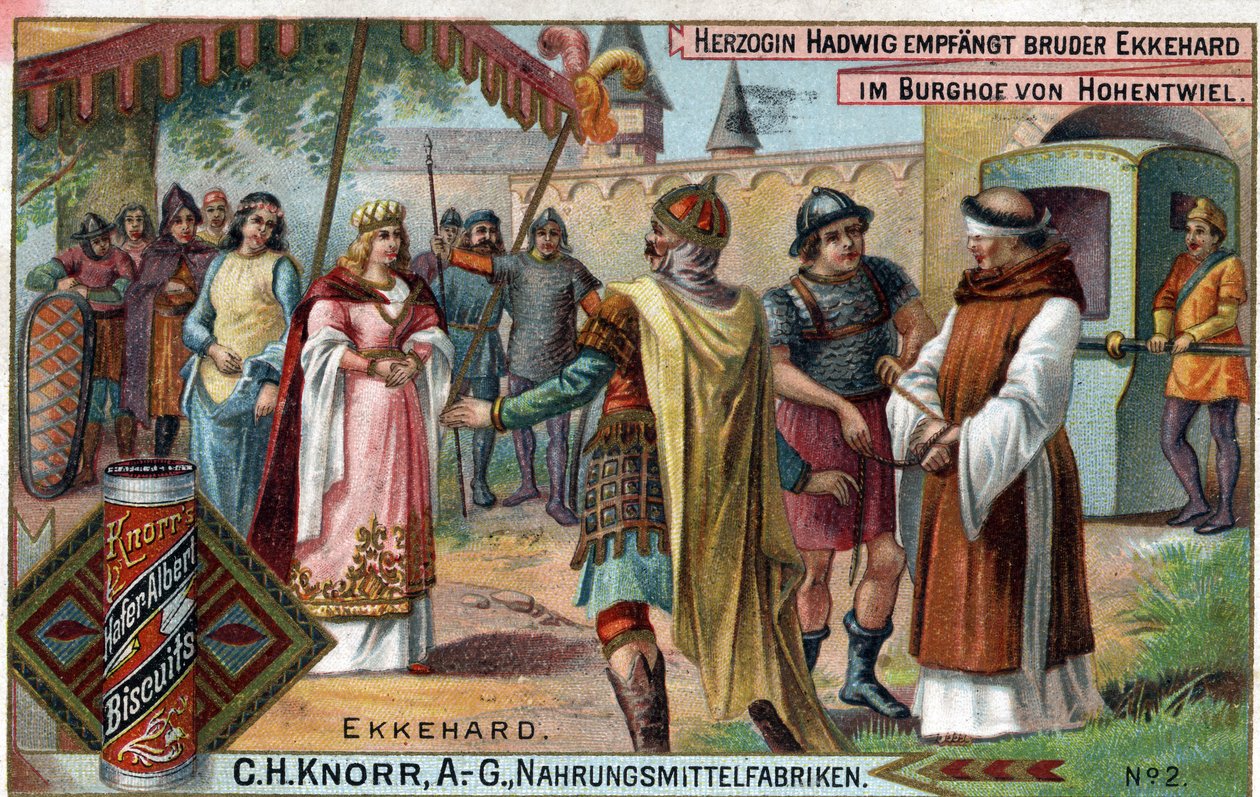 Ekkehard IV av St. Gallen (St. Gallen) eller Eckhard, Eckhart (980 -1057) erudit, og latinsk poet. Hertuginne Hadwig tar imot bror Ekkehard på gårdsplassen til slottet Hohentwiel. Verso: "" Bror Ekkehard, som hertuginnen ga i oppdrag til slottet  av Unknown artist