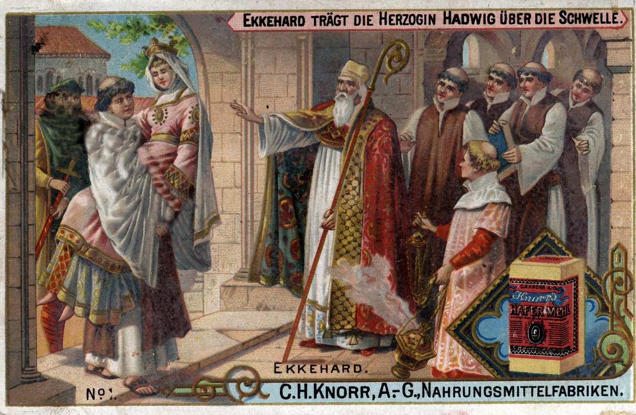 Ekkehard IV av St. Gallen (St. Gallen) eller Eckhard, Eckhart (980 -1057) erudit, og latinsk poet. Ekkehard får hertuginne Hadwig til å krysse terskelen. av Unknown artist