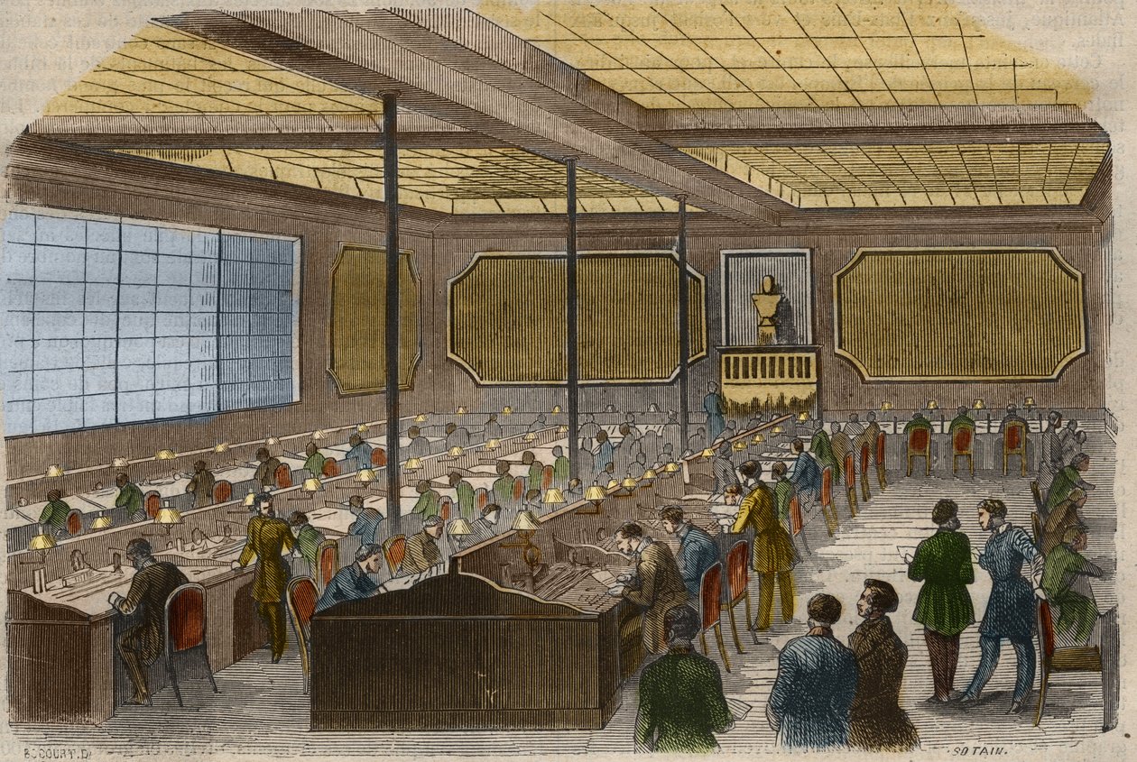 Electric telegraphy: view of the central station of telegraphic lines at the French Ministry of Interior in Paris. Engraving from 1856 in “” Le Musee Des Sciences”” av Unknown artist