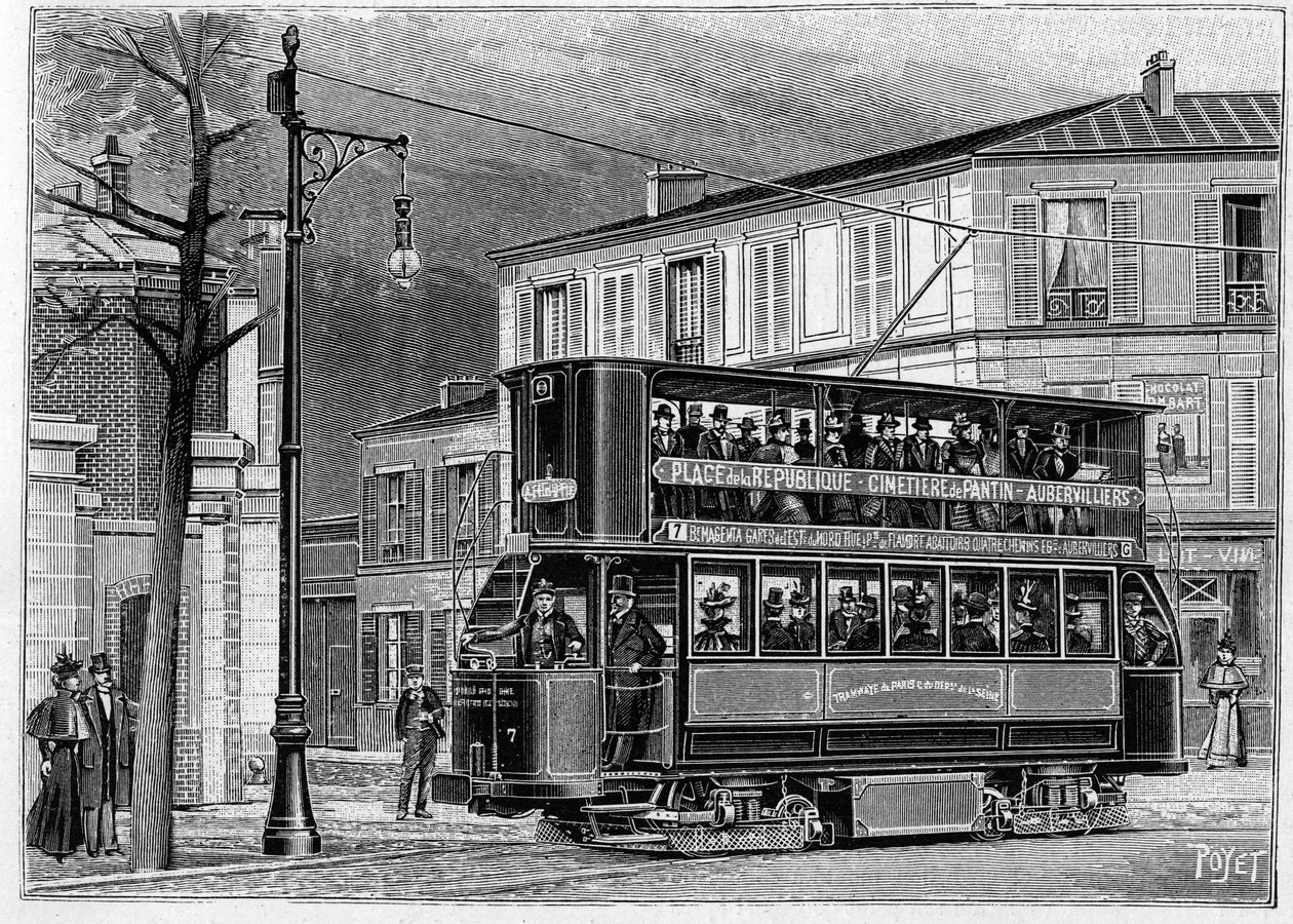 Elektriske trikkeveier fra Paris til Aubervilliers: utsikt over en luftvogn utenfor Paris. Gravering i "" Nature: gjennomgang av vitenskapene og deres anvendelser på kunst og industri "" av 25. juni 1898. av Unknown artist