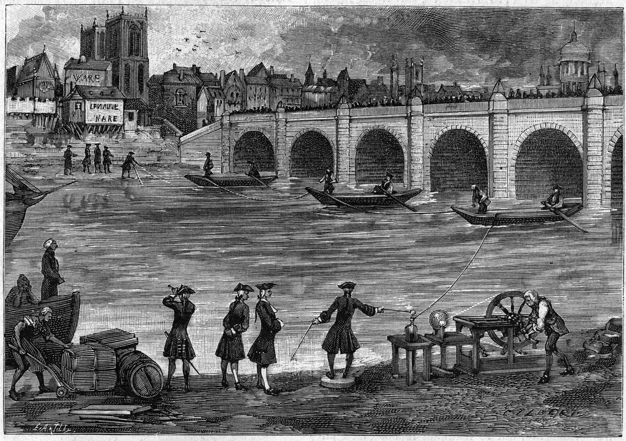 Electricite experiment performed by William Watson (1715-1787), English physicist, on the banks of the Thames in the 18th century. Engraving in “” La Nature: revue des sciences et de leurs applications aux arts et a l