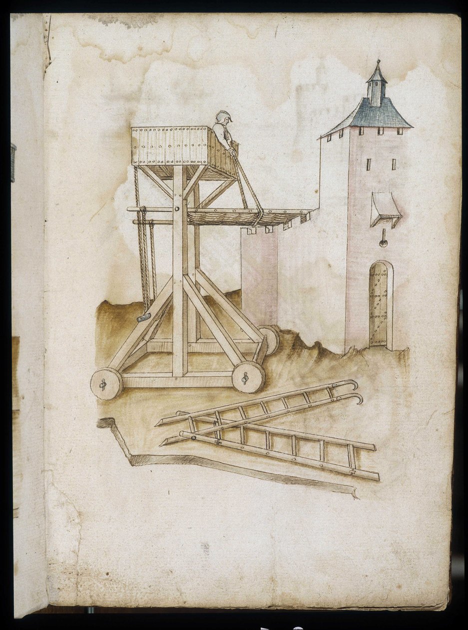 Høydesystem og skalaer - Manuskript: pergamentark av en ingeniørhåndbok for bygging av sivile, religiøse og militære bygninger, anonym, sent på 1400-tallet (figur med kinesisk blekk) av Unknown artist