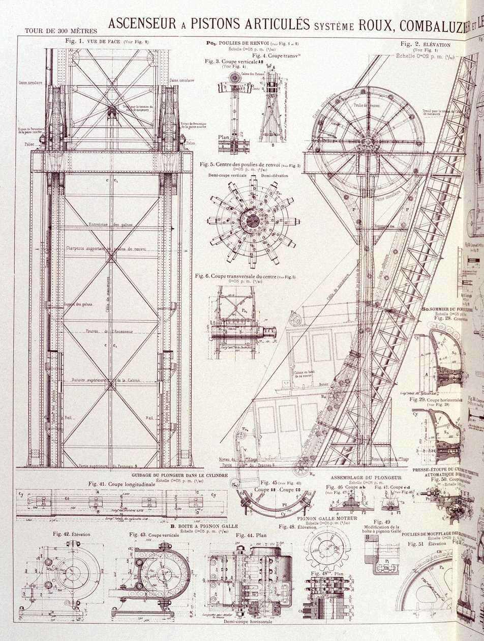 Heis og leddede stempler til Eiffeltårnet (Roux-Combaluzier-system) - industriell design av Unknown artist