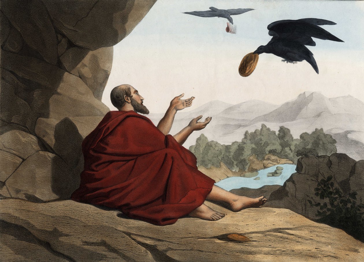 Elia, gjemt av Kerith-strømmen, blir matet av kråkene. Anonym gravering fra midten av 1800-tallet. av Unknown artist