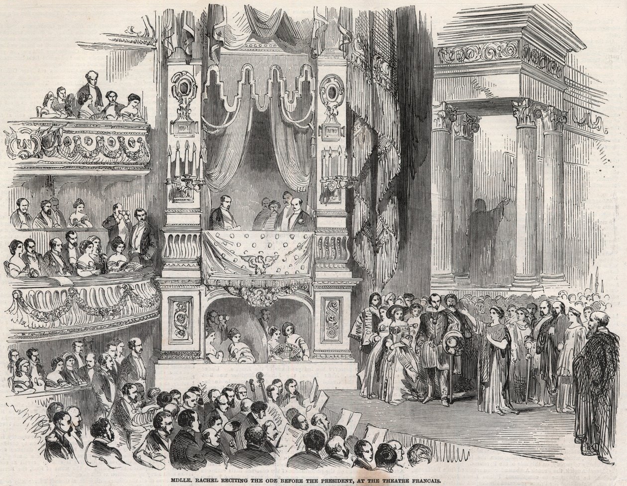 Elisabeth Rachel Felix, kjent som Mademoiselle Rachel (1821-1858), fransk tragedienne, før Napoleon III ved Theatre Francais i 1852 - På tampen av proklamasjonen av det andre imperiet, erklærte Rachel ved Theatre Francais den 22. oktober 1852 av Unknown artist