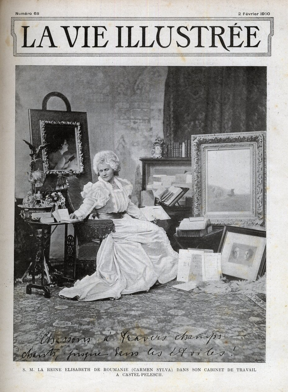 Elisabeth av Wied Dronningkonsort av Romania 1843-1916 - Elisabeth de Wied - Elisabeth Pauline Ottilie Louise de Wied (kjent som pennen til Carmen Sylva), på kontoret hennes på Castel Pelesch - omslag illustrert fra 1900 av Unknown artist