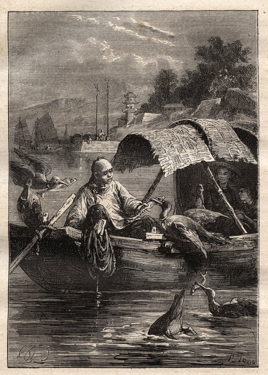 Ambassade til Lord George McCartney (1737-1806) i Kina (1792-1793): Fuglen Leut-ze, står for fiske (skarvfiske) - illustrasjon fra "The Great Mariners of the 18th century" av Unknown artist