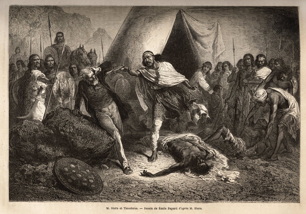 Keiseren (eller negus) Theodoros II (født rundt 1818-1868, kalt Kassa Hailu før hans kroning på det etiopiske riket), truet med sin pistol herr Tewodros II. Stern, en engelsk misjonær som utstrålte en biografi om en negus, som Theodoros følte seg fornærmet av Unknown artist