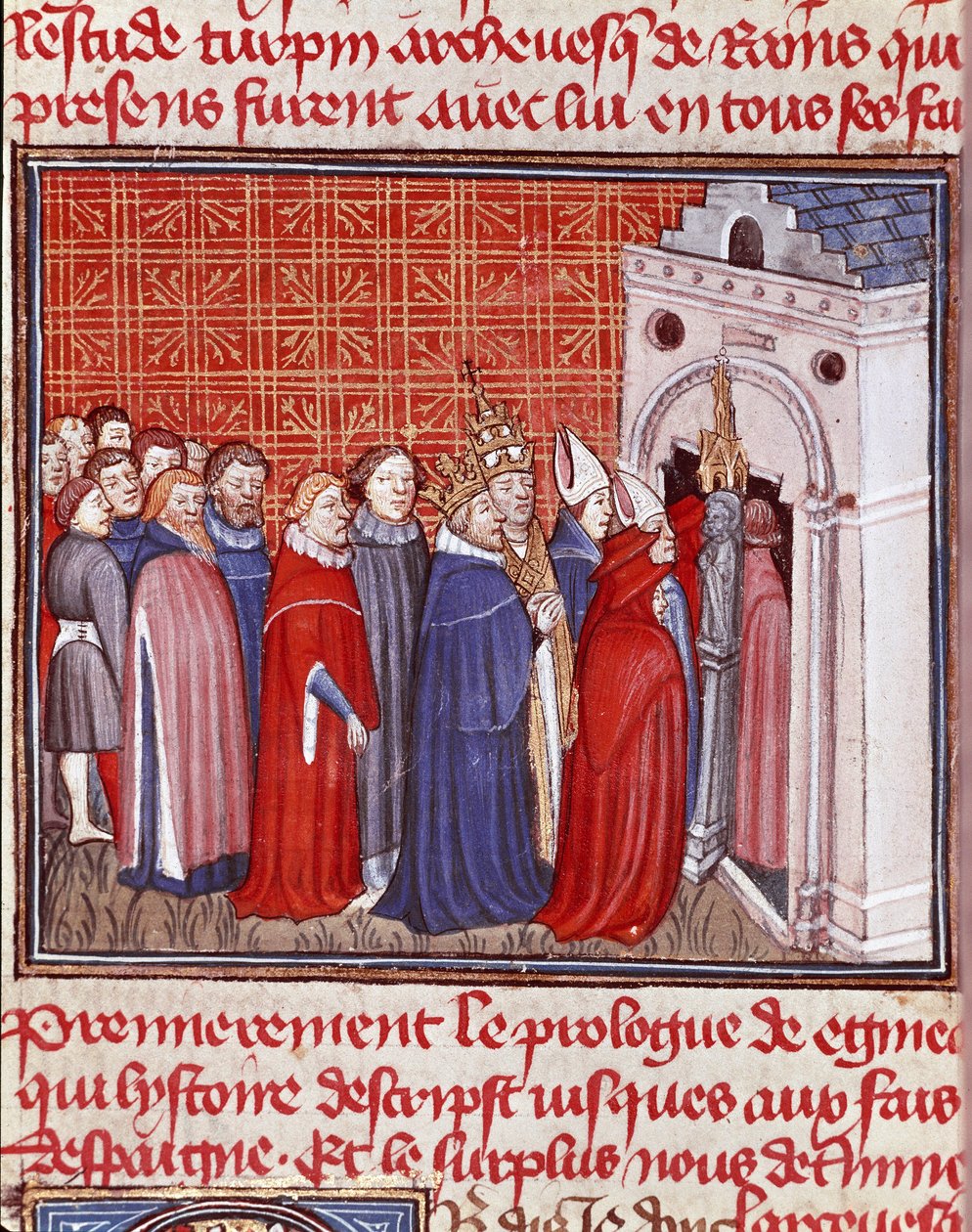 Keiser Charlemagne (742-814) kroner går inn i en kirke etterfulgt av miniatyrprelat fra "" Les grandes Chronicles de France"" Chantilly fra 1400-tallet, Musee Conde av Unknown artist