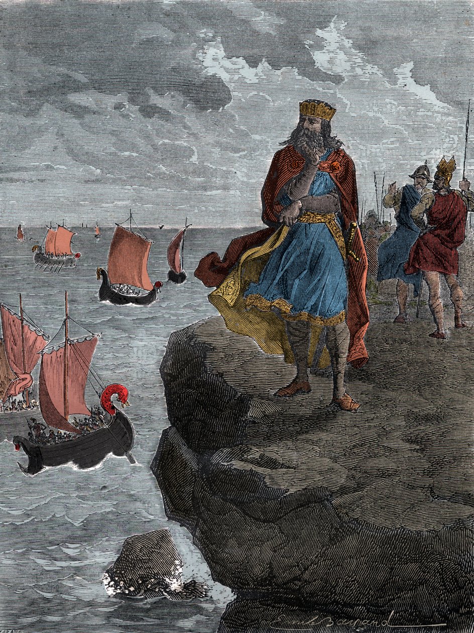 Keiser Charlemagne (Carlo Magno) ser på ankomsten av normanniske skip - Kong Charlemagne (742/747-814), kongen av frankerne, ser ned på fartøyer fylt med invaderende nordboere av Unknown artist
