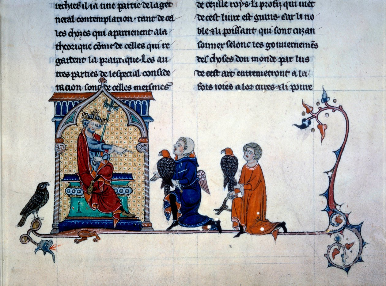 Keiser Frederic II (1194-1250) mottar miniatyrfalkonerere fra "Kunsten å jakte med fugler" av Unknown artist