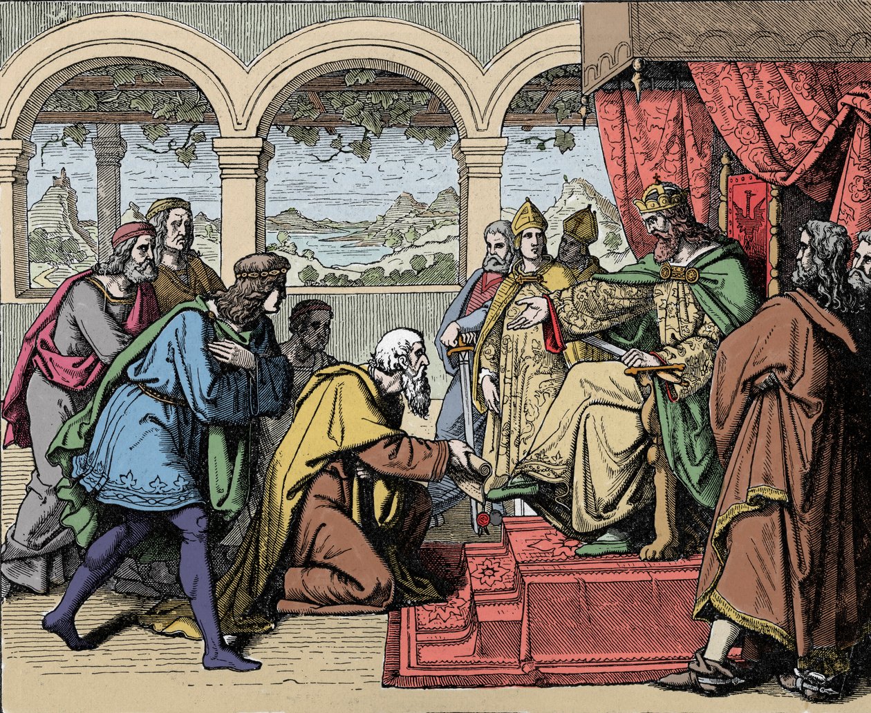 Keiser Frederic I Barberossa (1122-1190) (Frederik I av Hohenstaufen) på sin andre tur til Italia i 1158 passerer elven Adda og møter folket i Lodi som ber ham om å få tilbake sitt territorium (Andre italiensk felttog, keiser Frederick Barbarossa cro av Unknown artist