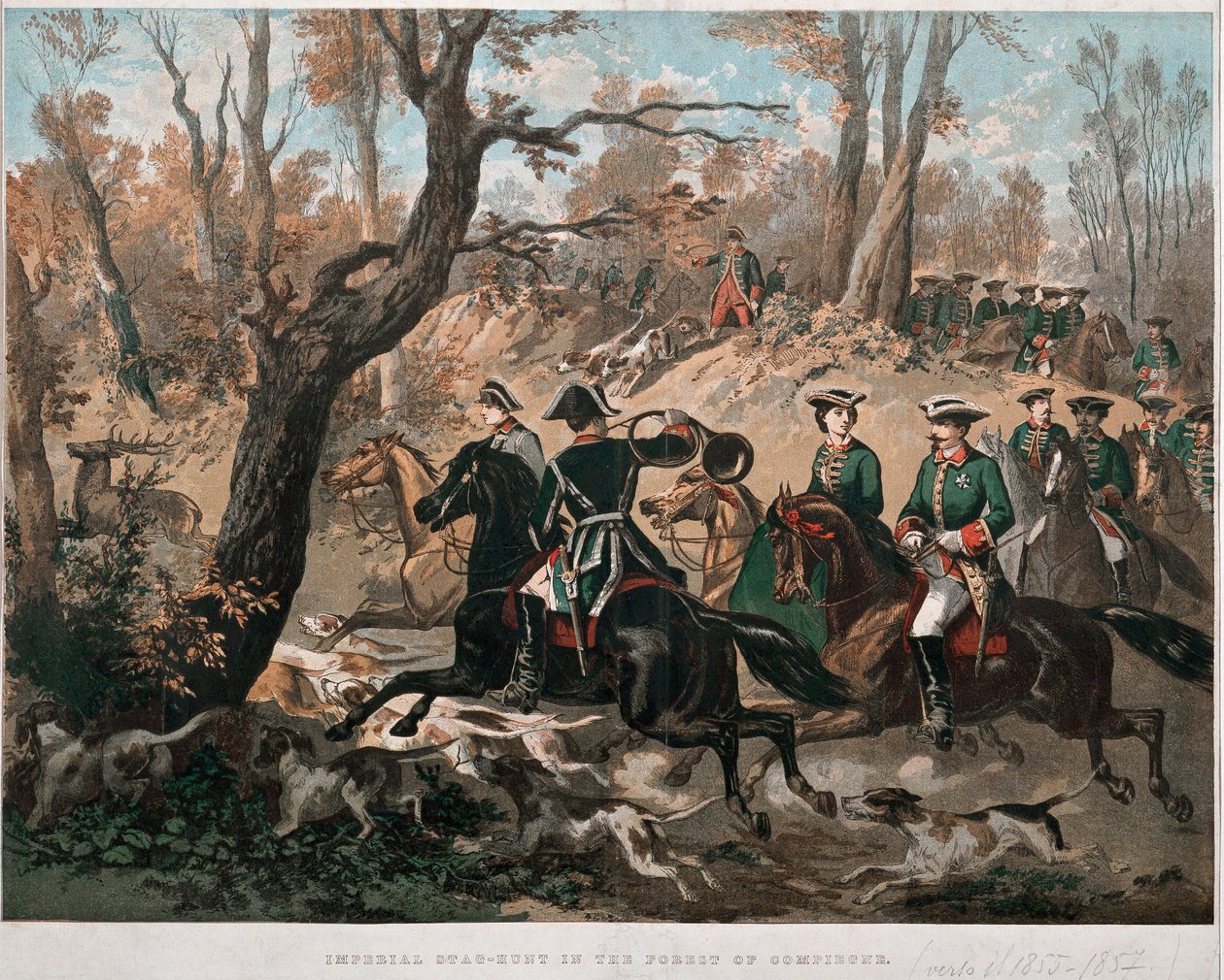 Keiser Napoleon III (1808-1873) og hans kone Eugenia de Montijo (1826-1920) går gjennom skogen Compiegne Lithography i farger rundt 1855 Milan Museo del Risorgimento av Unknown artist