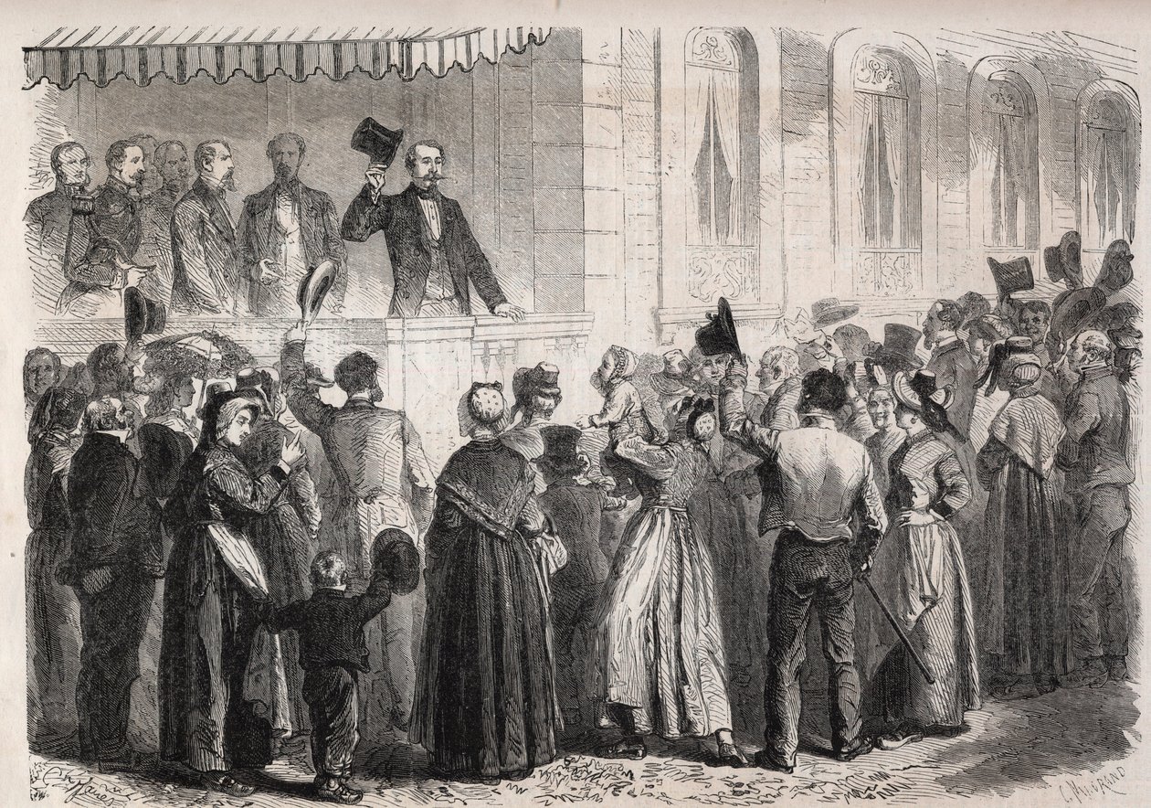 Keiser Napoleon III (1808-1873) på terrassen til villaen til Strauss a Vichy, møtt av folket på landsbygda søndag 7. juli 1861 - Gravering i "" The Illustrous World"" av Unknown artist