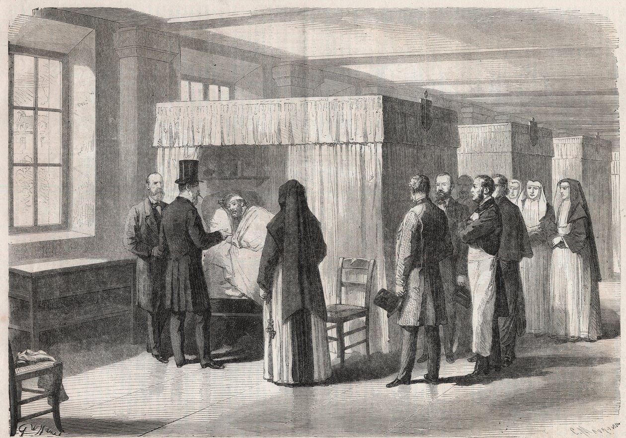 Keiser Napoleon III (1808-1873) besøker rommene på Hotel Dieu (Hotel-Dieu) for kolerapasienter og snakker med dem - gravering i "" The Illustrous World"" av Unknown artist