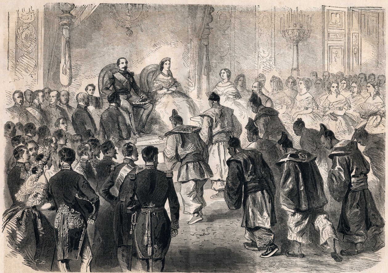 Keiser Napoleon III og impress Eugenie de Montijo tok høytidelig imot de japanske ambassadørene ved Tuileriene i Paris 13. april 1862. Gravering i «Le Monde illustrious»» fra 1862. Privat samling. av Unknown artist