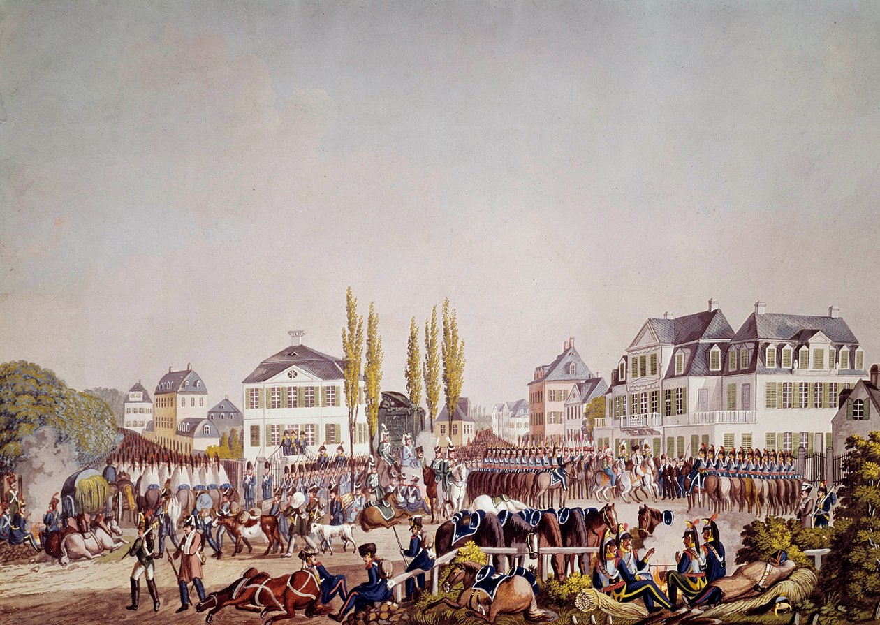 Keiser Napoleon I (1769-1821) anmelder troppene i Frankfurt. Gravering fra 1813. Frankfurt, Historisk museum av Unknown artist
