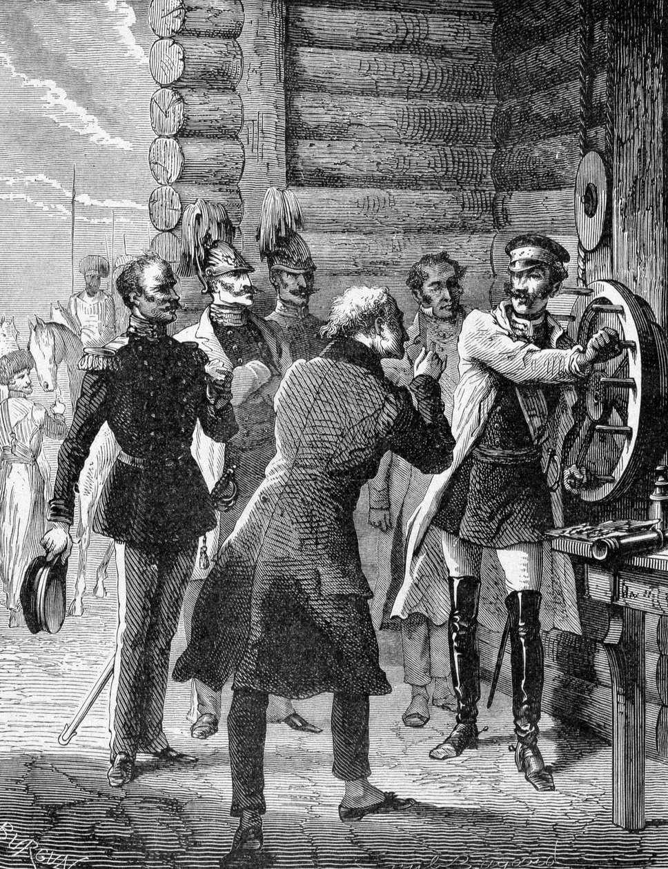 Keiser Nicholas I utførte den første testen av telegraflinjen fra St. Petersburg til Warszawa i 1838. Gravering 1800-tallet av Unknown artist