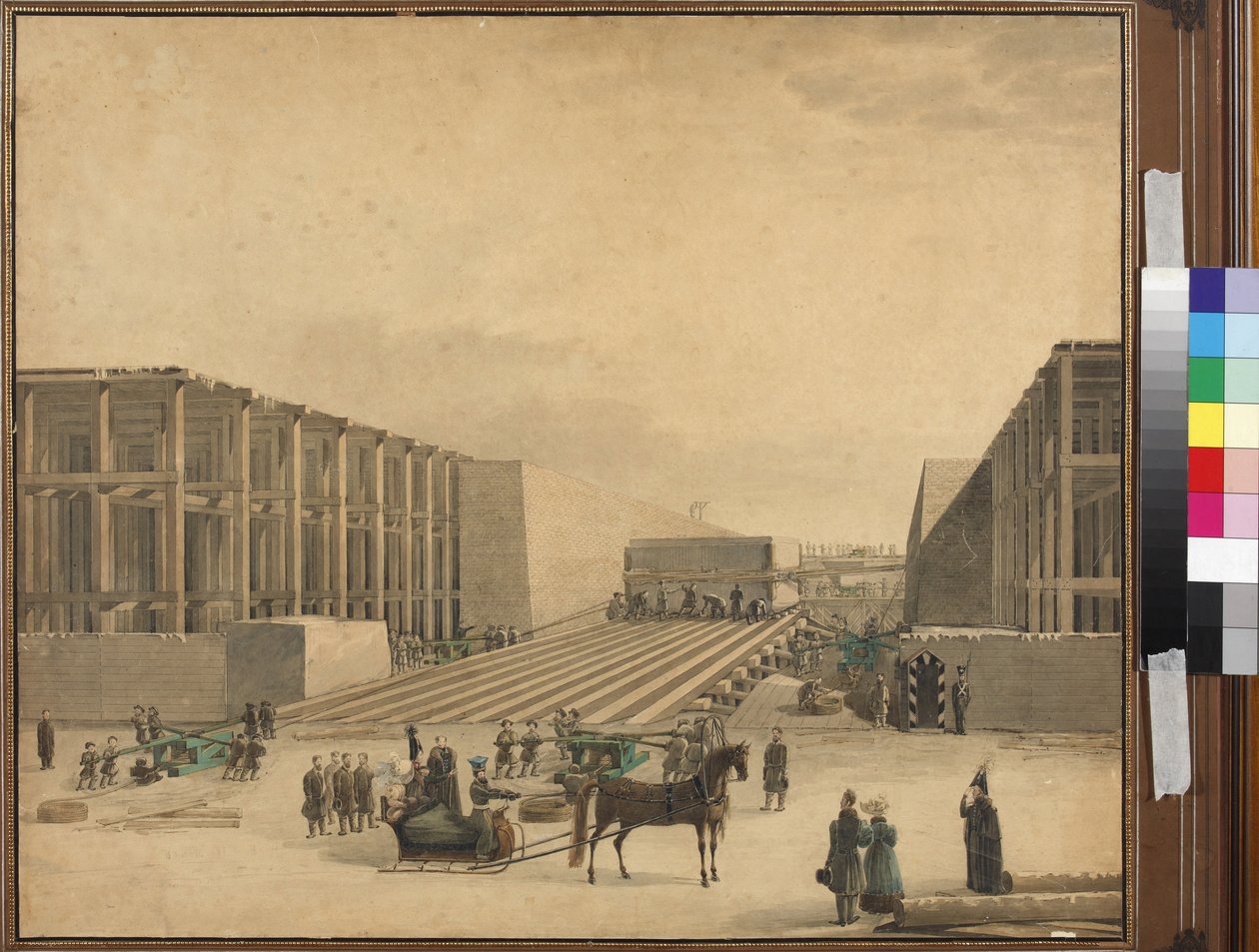Keiser Nicholas I besøker byggeplassen til Alexandersøylen - Anonym. Akvarell på papir, etter 1836. State Museum of the History of Saint Petersburg av Unknown artist