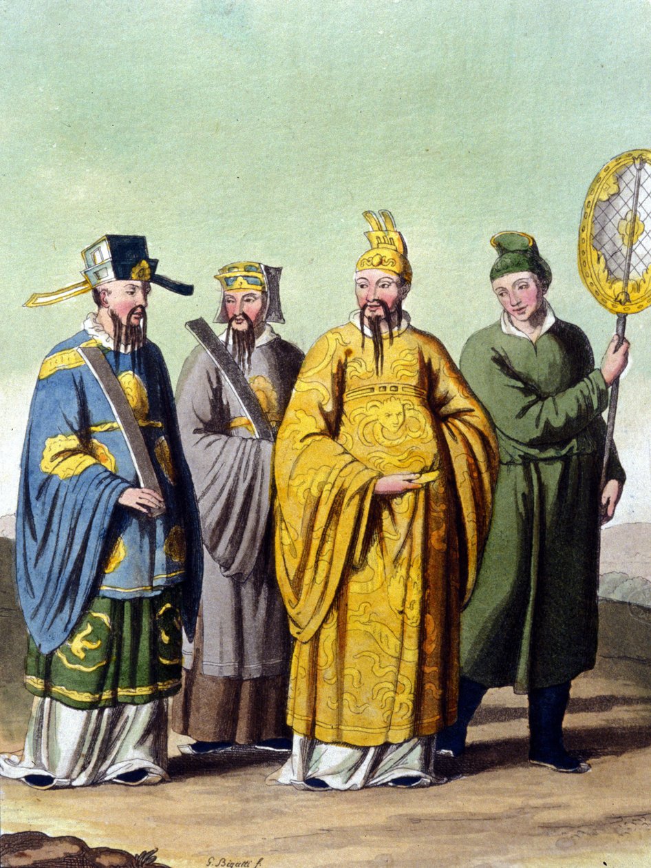 Keiser av Kina omgitt av mandariner – i” Le costume ancien et moderne”” av J. Ferrario, red. Milan av Unknown artist