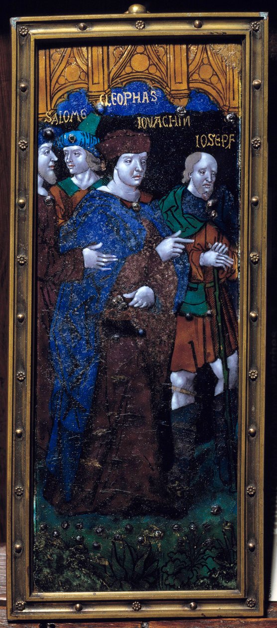Emaljeplate som representerer de bibelske karakterene til Salome, Cleophas, Joachim og Joseph. E-post på bronse trolig fra 1500-tallet. Dim. 0,26x0,11 m. Paris, Nasjonalmuseet for middelalderen, Thermes de Cluny av Unknown artist