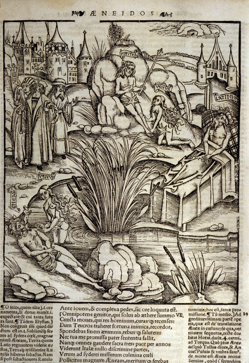 Eneide de Virgil (70 f.Kr.-19 f.Kr.), bok XII, den trojanske helten Enee blir mirakuløst behandlet av Venus, han bestemte seg da for å storme byen Latinus. Kongen av Lazio dør (til høyre) og det er Enee som skal bli kongen som marger datteren til avdøde La av Unknown artist