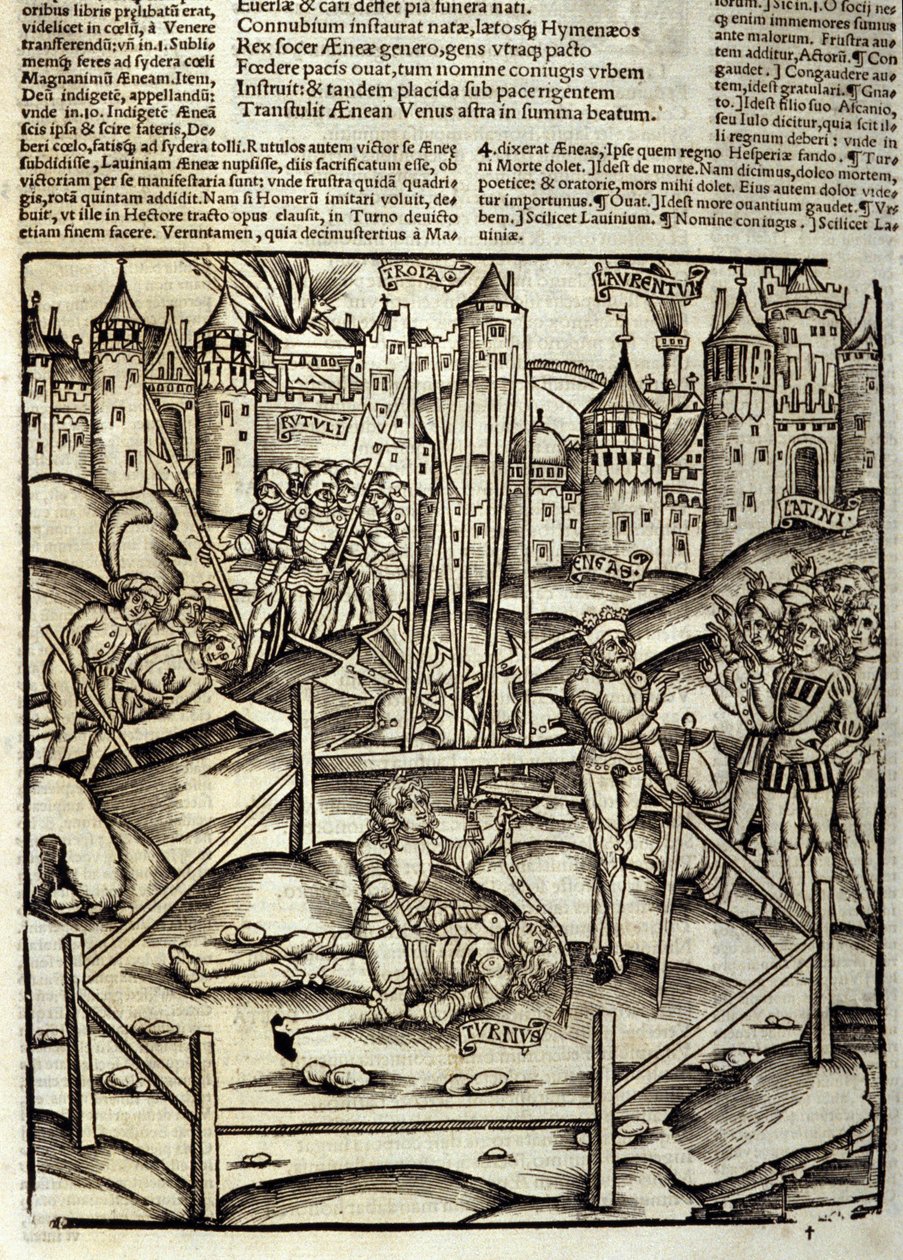 Eneide de Virgil (70 f.Kr.-19 f.Kr.), bok XII, de trojanske heltene Enee dreper i et Turnus-slag under øynene til latinerne og rutulene. Xylografi av Sebastian Brant (1458-1521). Strasbourg av Unknown artist