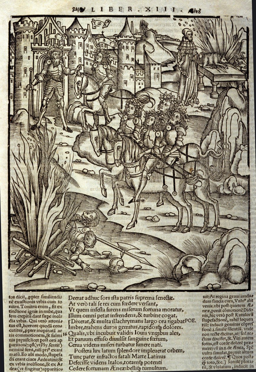 Eneide de Virgil (70 f.Kr.-19 f.Kr.), bok XIII (supplementum), de trojanske heltene Enee mottar latinerne, ofre blir gjort til ære for krigens ofre. Xylografi av Sebastian Brant (1458-1521). Strasbourg av Unknown artist