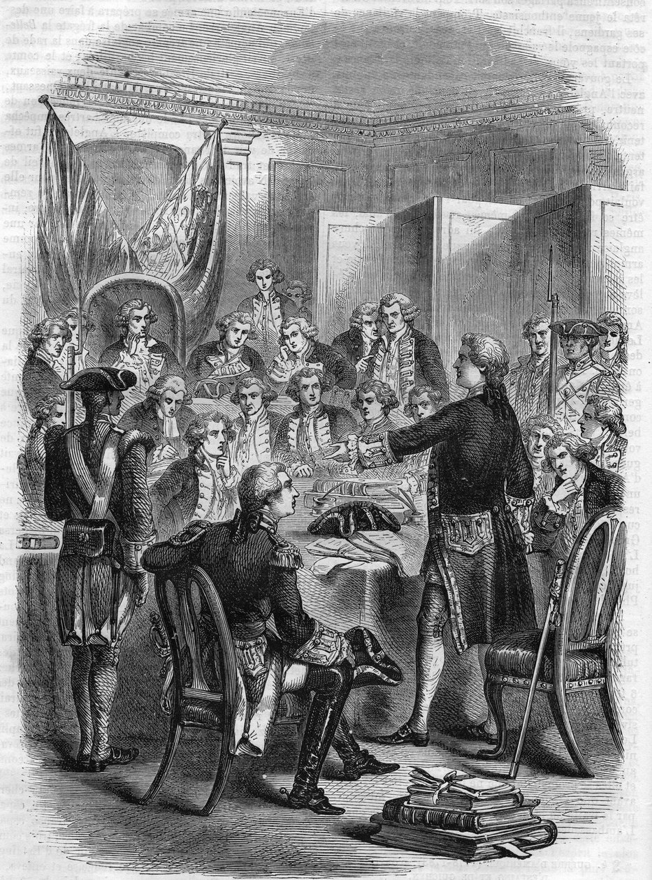 English Admiral Augustus Keppel before the Council of War after THE NAVAL BATTLE OF OUESANT (100 nautical miles west of the island, during the American War of Independence) on 27 July 1778. av Unknown artist