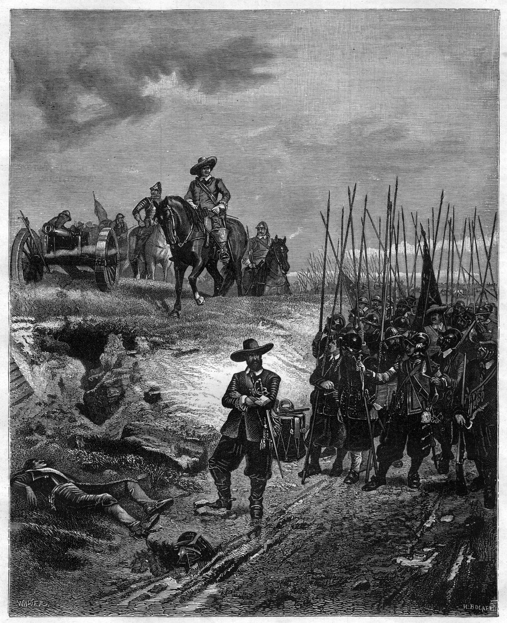Engelske borgerkriger: Oliver Cromwell (1599-1658) i slaget ved Marston Moor, 2. juli 1644 - Parlamentarikere beseiret royalister under prins Rupert. Gravering fra 1800-tallet - Oliver Cromwell i slaget ved Marston Moor 2. juli 1644 under First Engl av Unknown artist