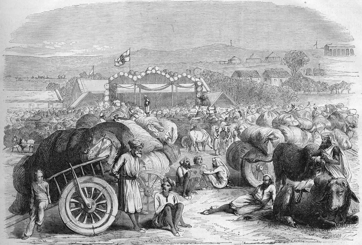 Engelsk India 1872: Bomullsmarkedet i Khangaon. av Unknown artist