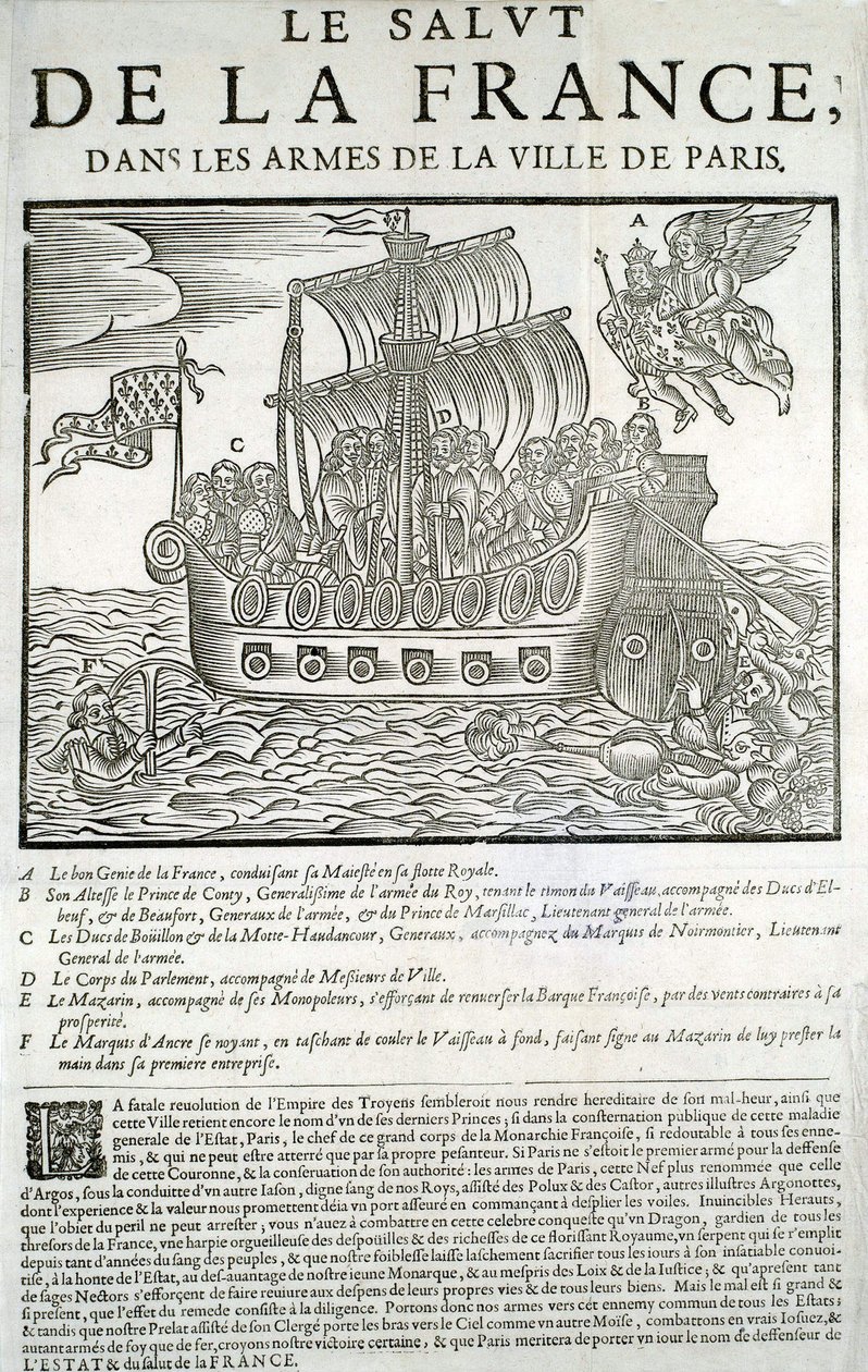 Gravert tre. Mazarinade politisk brosjyre: "" Frelsen til Frankrike, i armene til byen Paris"" A - Frankrikes gode geni, som fortærer hans majestet (Louis XIII) i sin kongelige flåte, B - Prince de Conty, C - Duc de Bouillon et de la Mo av Unknown artist