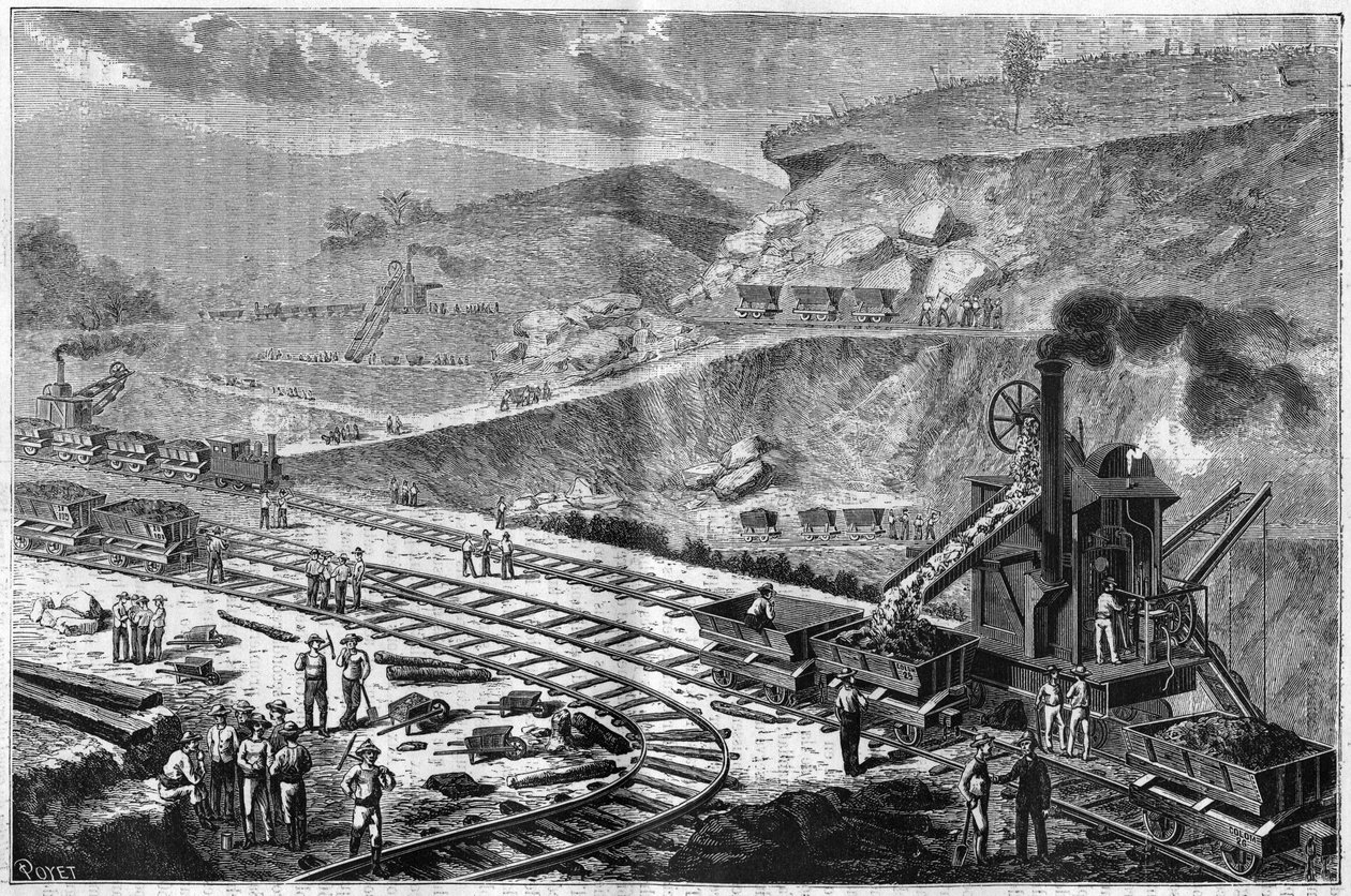Engraving from 1885 showing the work of drilling the Isthmus of Panama. View of one of the attacks at Emperador