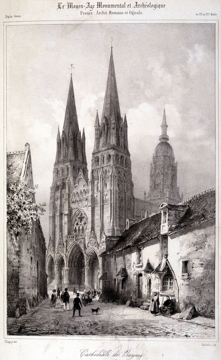 Gravering av Bayeux-katedralen publisert i "Den monumentale og arkeologiske middelalderen"". 1800-tallet av Unknown artist