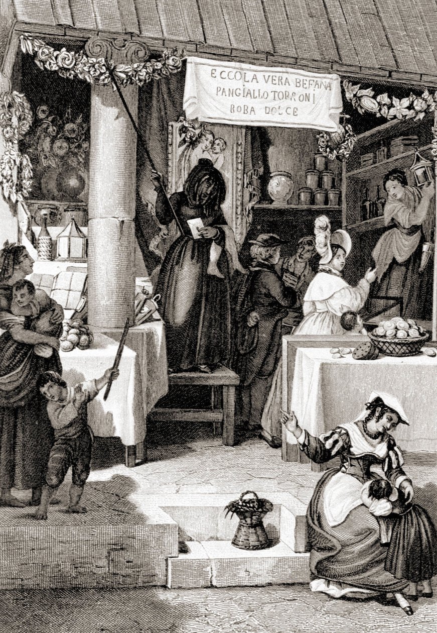 Gravering som representerer Befana-festen. av Unknown artist