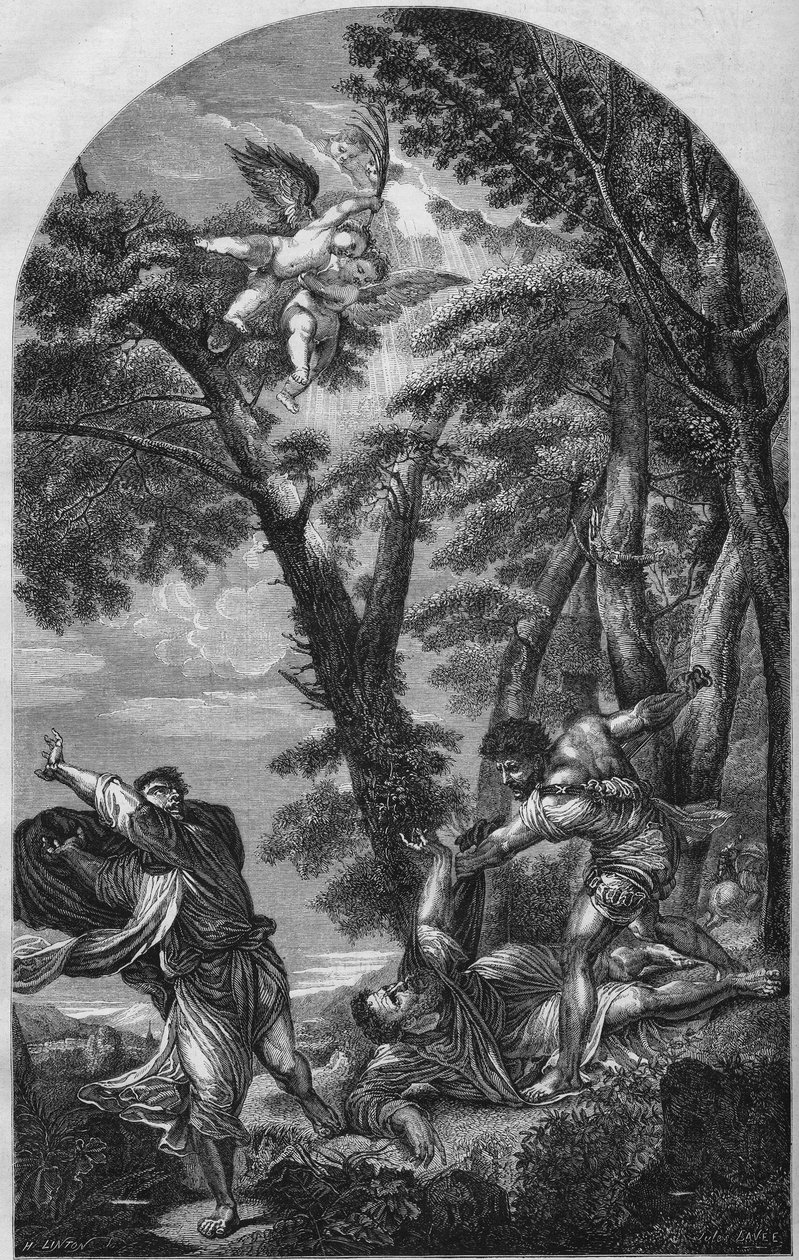 Gravering som viser «The Martyrdom of St. Peter» av Tiziano (Titian) brenner 15. august av Unknown artist