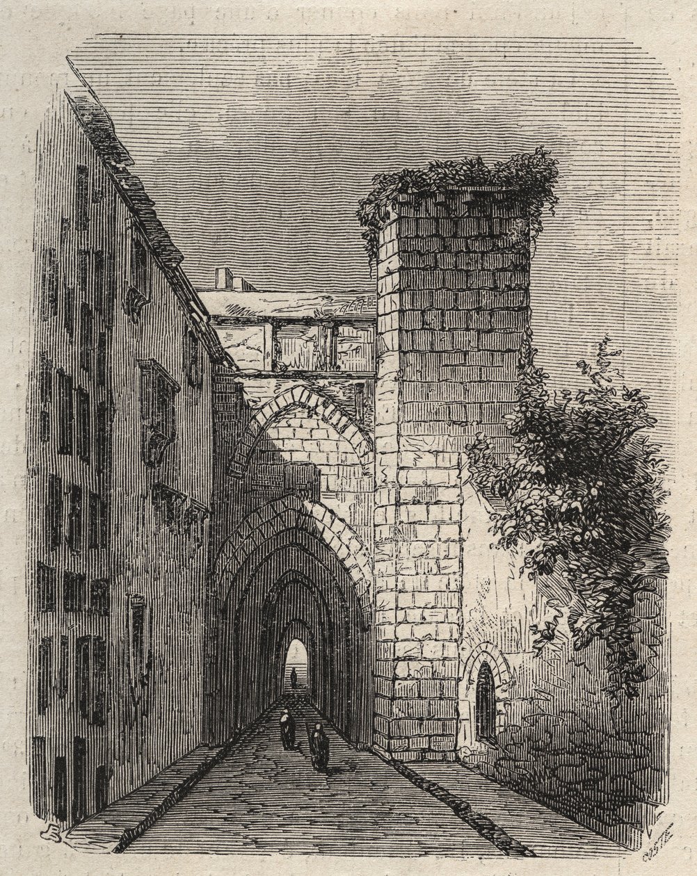 Inngangen til Arab Medrese (videregående skole) i Jerusalem hvor Mesha-stelen til templet ble gravlagt - gravering i "The Illustrious World"" fra januar 1873 av Unknown artist